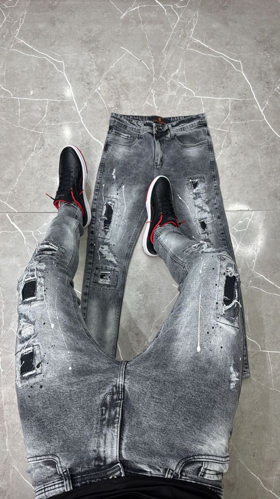Calça jogador City Denim Cinza Esfumado Com Tintas e Quadrados