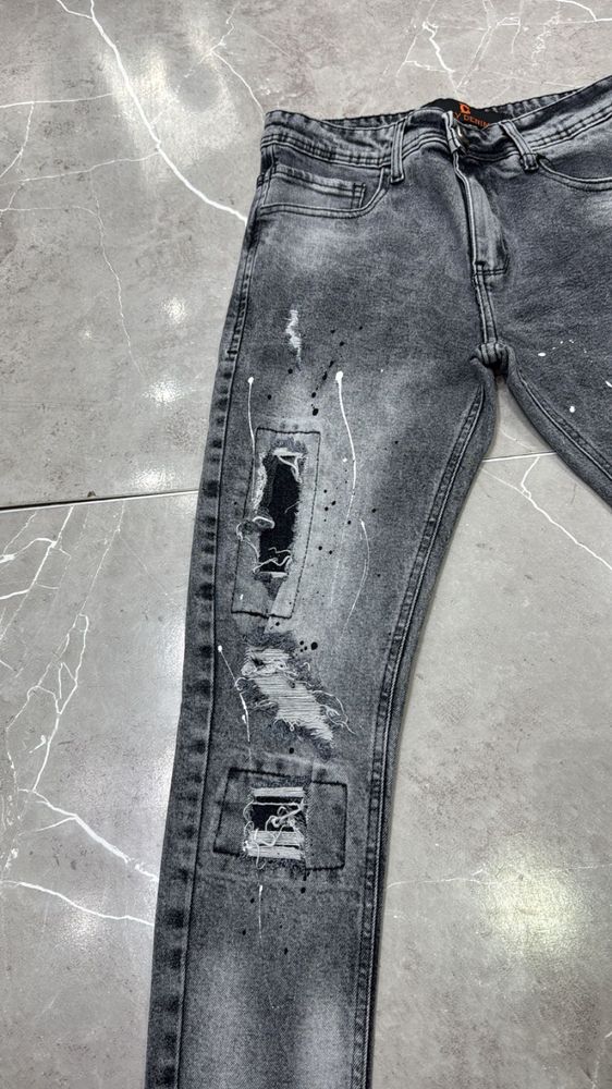 Calça jogador City Denim Cinza Esfumado Com Tintas e Quadrados
