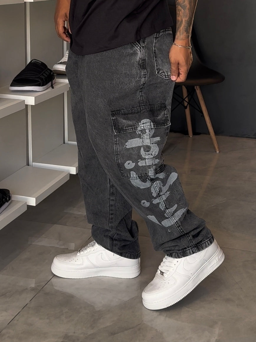 Calça Cargo Jeans Trip Side Dragon - Preta Estonada