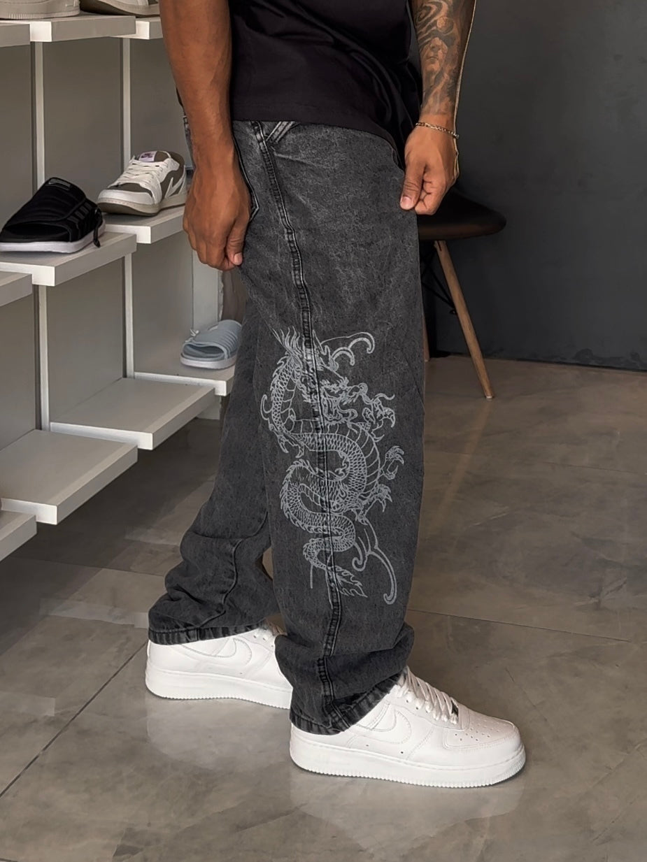 Calça Cargo Jeans Trip Side Dragon - Preta Estonada