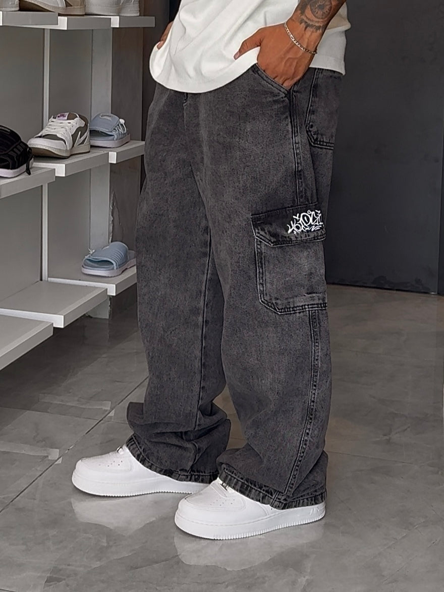 Calça Cargo Jeans Balão Trip Side - Preta Estonada
