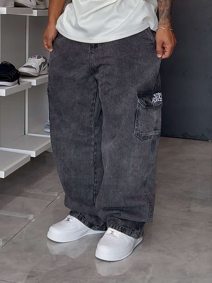 Calça Cargo Jeans Balão Trip Side - Preta Estonada