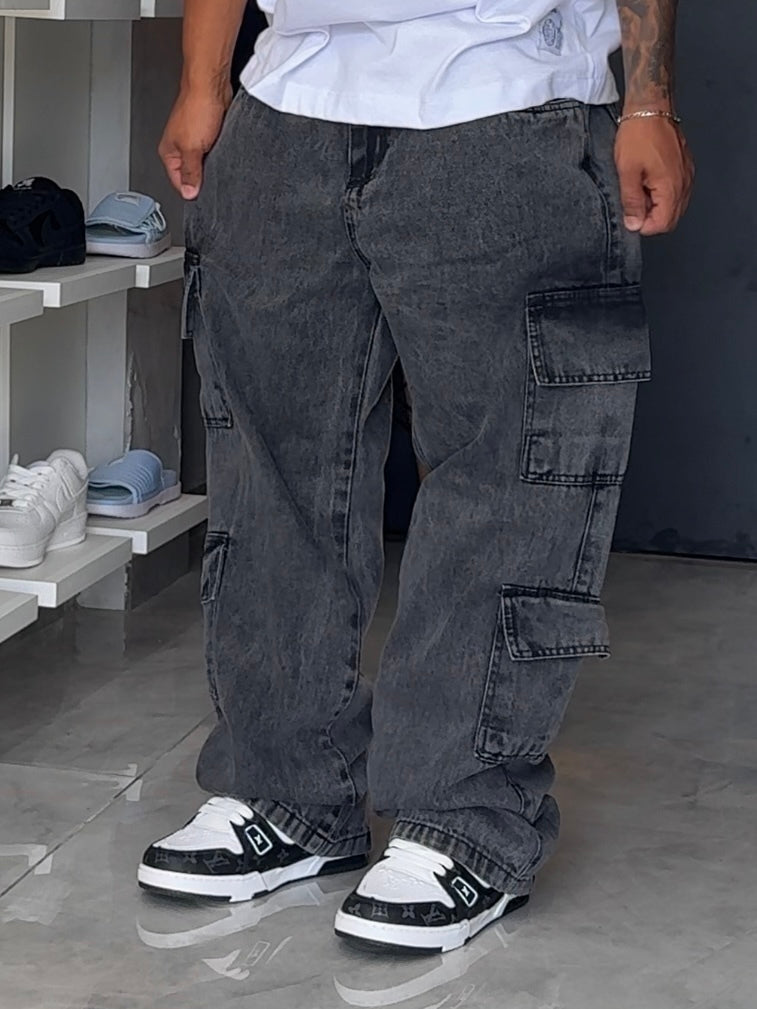 Calça Cargo Jeans Balão Denim Double - Preta Estonada