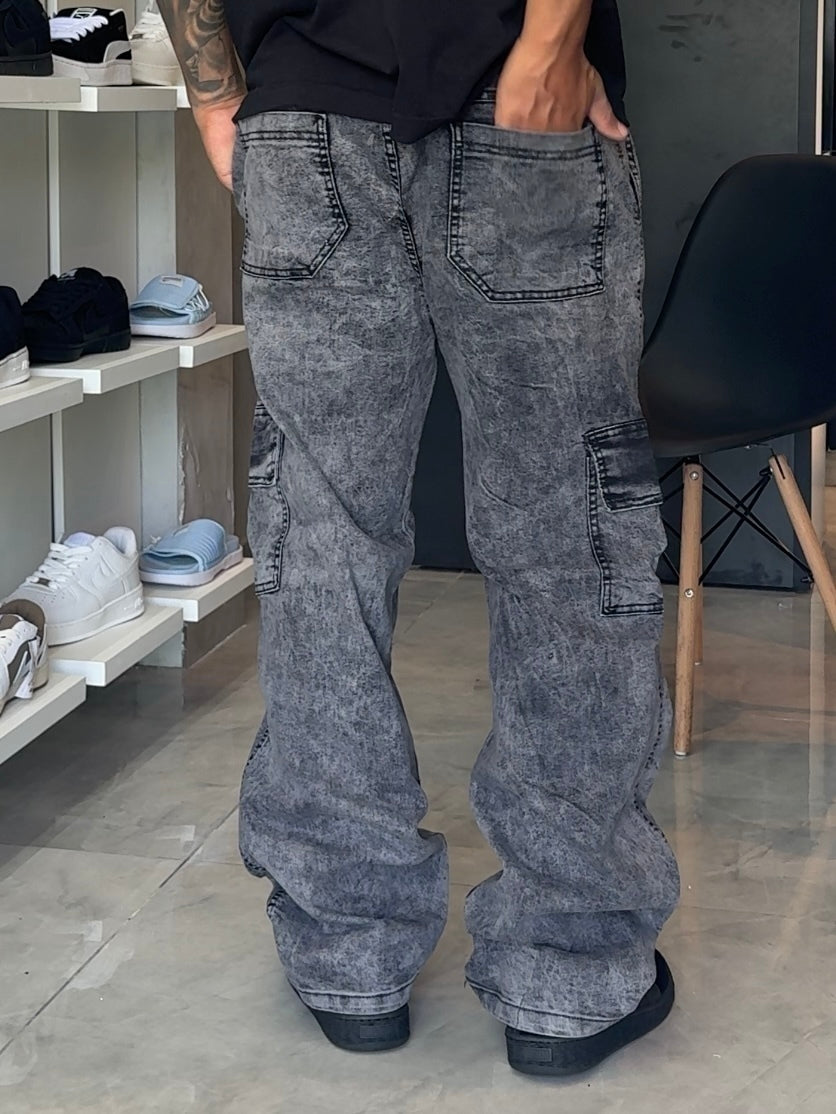 Calça Cargo Jeans - Preta Estonada