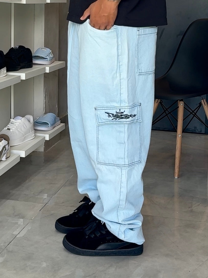 Calça Cargo Jeans Trip Side - Azul