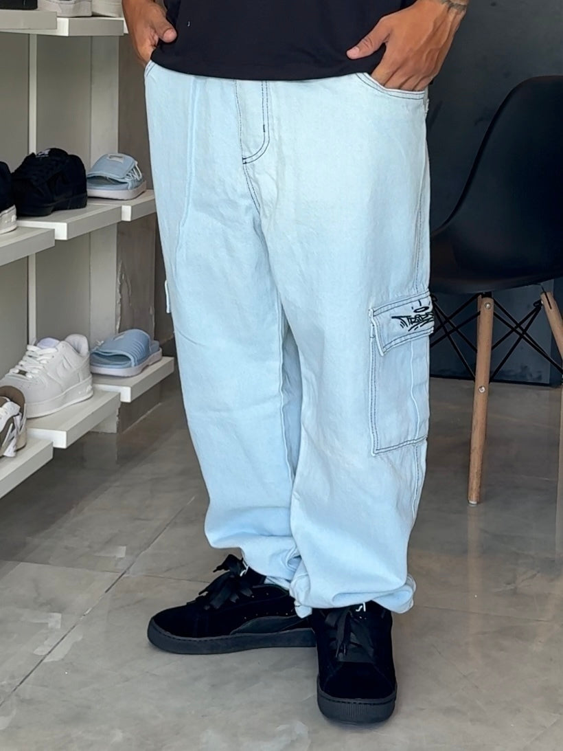 Calça Cargo Jeans Trip Side - Azul