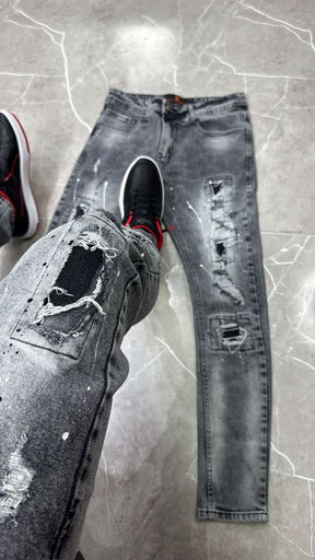 Calça jogador City Denim Cinza Esfumado Com Tintas e Quadrados