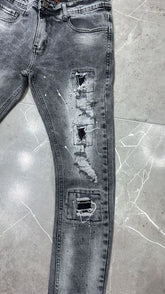 Calça jogador City Denim Cinza Esfumado Com Tintas e Quadrados