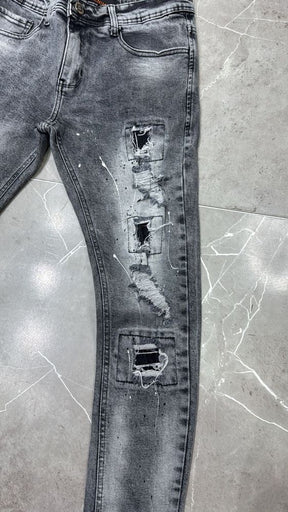 Calça jogador City Denim Cinza Esfumado Com Tintas e Quadrados