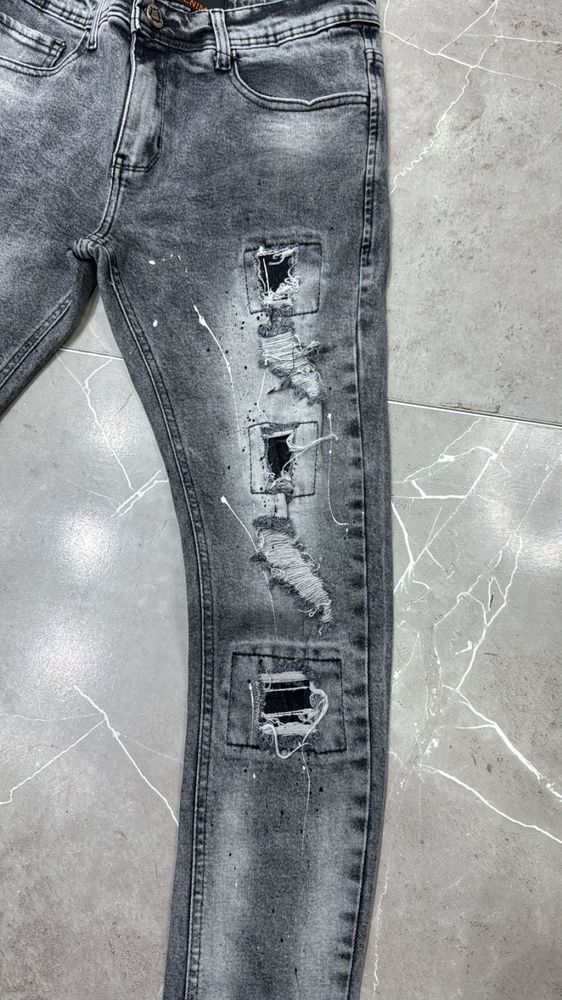 Calça jogador City Denim Cinza Esfumado Com Tintas e Quadrados