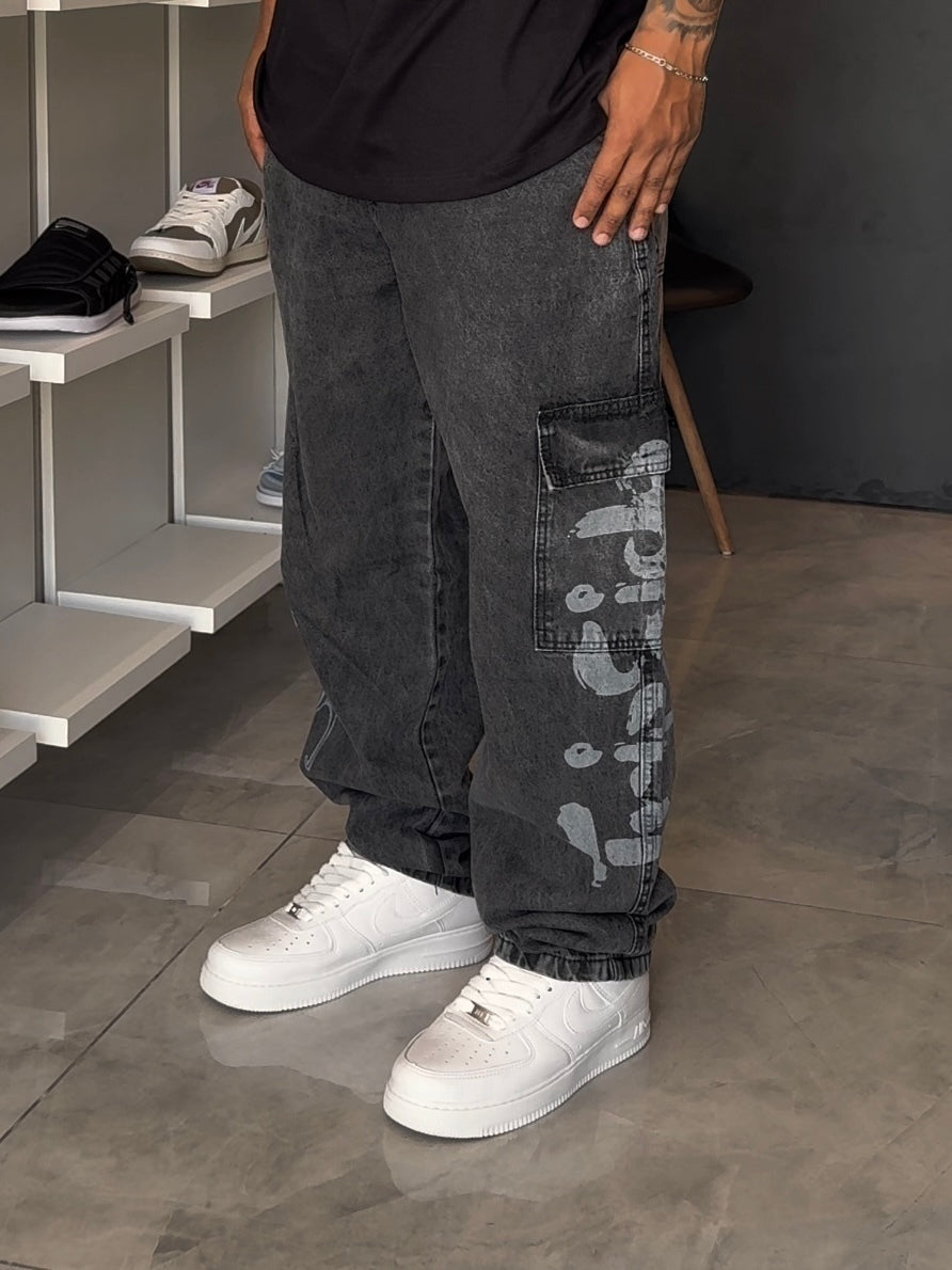 Calça Cargo Jeans Trip Side Dragon - Preta Estonada