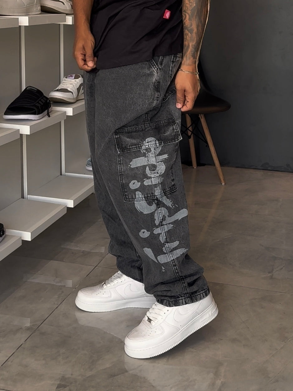 Calça Cargo Jeans Trip Side Dragon - Preta Estonada