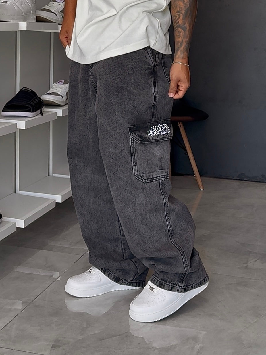 Calça Cargo Jeans Balão Trip Side - Preta Estonada