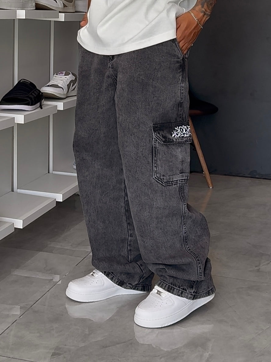 Calça Cargo Jeans Balão Trip Side - Preta Estonada