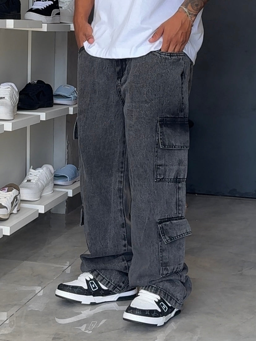 Calça Cargo Jeans Balão Denim Double - Preta Estonada