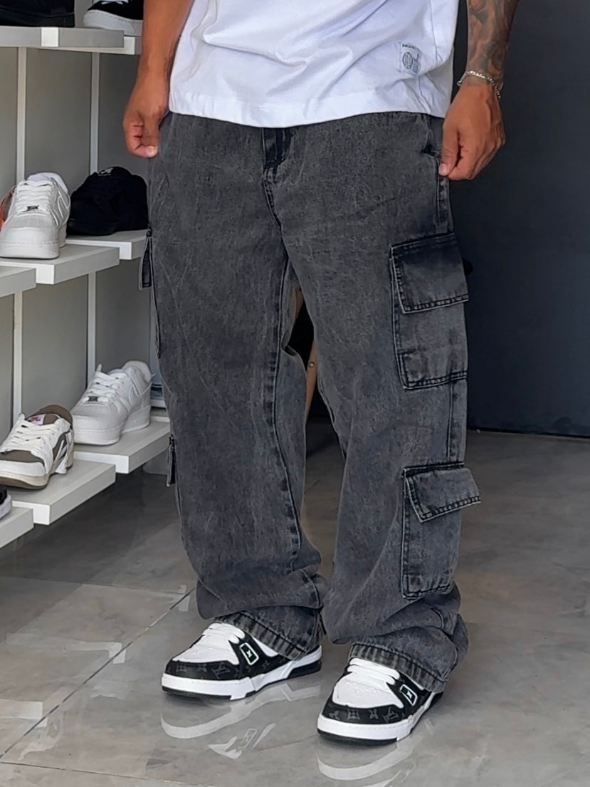Calça Cargo Jeans Balão Denim Double - Preta Estonada