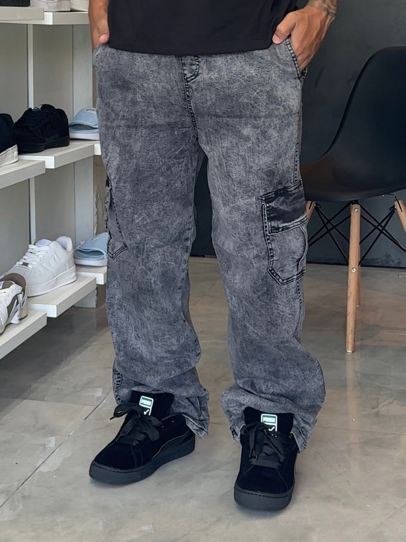 Calça Cargo Jeans - Preta Estonada