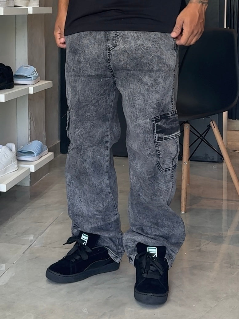 Calça Cargo Jeans - Preta Estonada