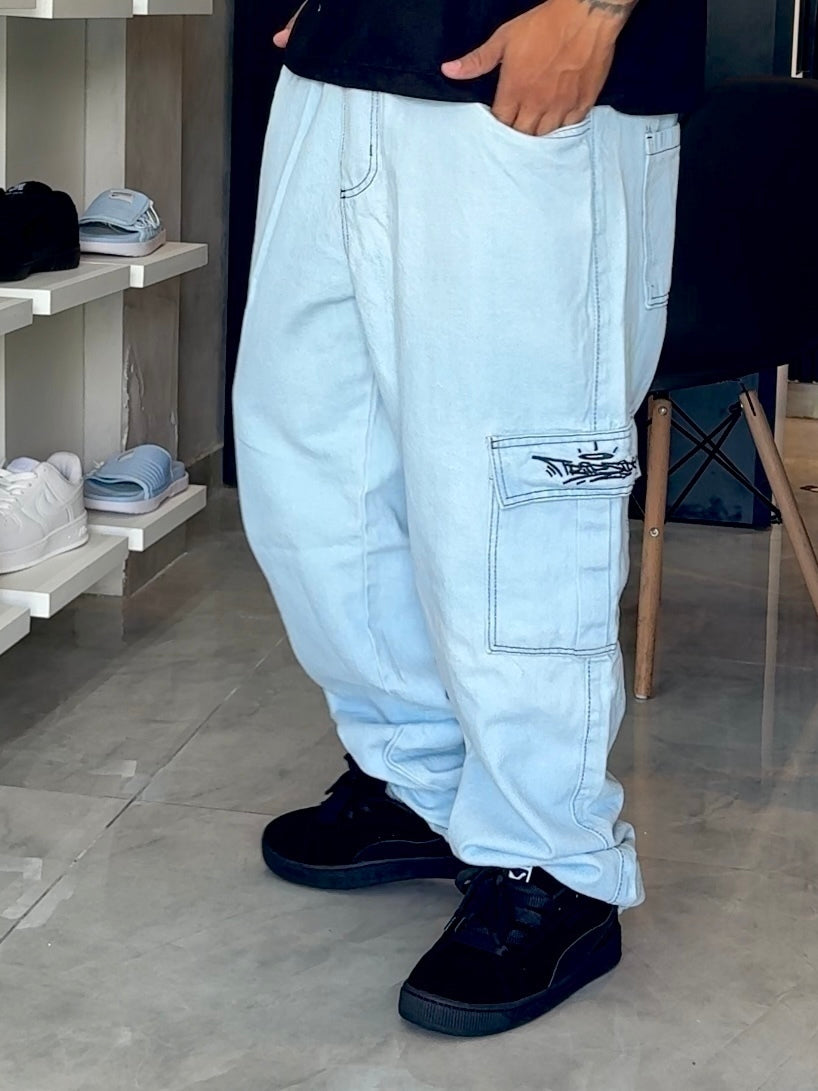 Calça Cargo Jeans Trip Side - Azul